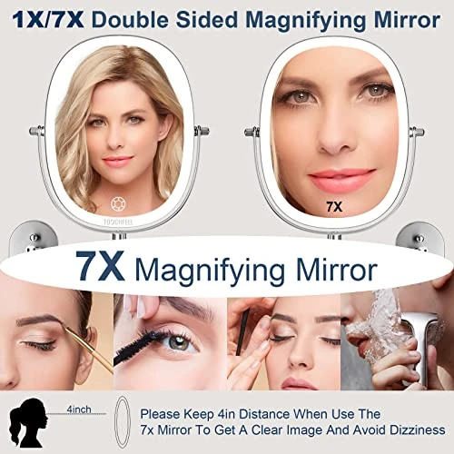 TOUCHFEEL Wall Mounted Makeup Mirror, 9 Inch 1X/7X Magnifying Mirror With 3 Color Light, Double Sided 360° Swivel Extendable Bathroom Mirror With Dimmable LED Light For Bedroom 5 TOUCHFEEL Wall Mounted Makeup Mirror, 9 Inch 1X/7X Magnifying Mirror With 3 Color Light, Double Sided 360° Swivel Extendable Bathroom Mirror With Dimmable LED Light For Bedroom - Image 3