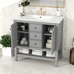 Merax 36" Bathroom Vanity With Ceramic Basin, Two Cabinets And Drawers, Open Shelf, Solid Wood Frame, Gray -Moen Shop 51sv9TcOdlL