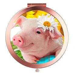 Pzicase Compact Mirror Round Rose Gold Makeup Mirror Folding Mini Pocket Mirror Portable Hand Mirror Double Sided With 2 X 1x Magnification For Woman Mother Kids Great Gift (Flower Pig)