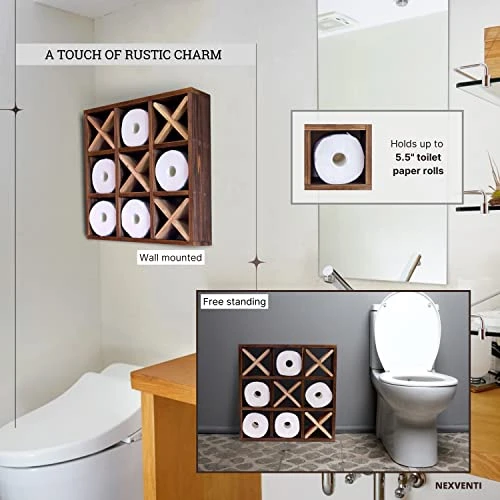 Tic Tac Toe Toilet Paper Holder | Rustic Wall Mounted Floating Hanging Or Freestanding Storage Wooden Shelf | Over The Toilet Roll Storage Rack Organizer | Bathroom Vintage Decor (Farmhouse Brown) 5 Tic Tac Toe Toilet Paper Holder | Rustic Wall Mounted Floating Hanging Or Freestanding Storage Wooden Shelf | Over The Toilet Roll Storage Rack Organizer | Bathroom Vintage Decor (Farmhouse Brown) - Image 3