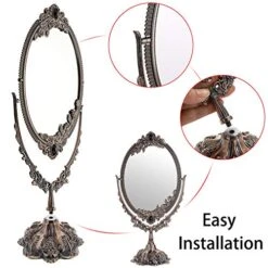 JUXYES Metal Tabletop Antique Decorative Makeup Mirror With Stand, Vintage Swivel Double Sided Cosmetic Mirror With Frame, Retro Desktop Oval Dressing Mirror For Bathroom Bedroom -Moen Shop 51vGQCAqQUL