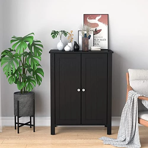 Tangkula Bathroom Floor Cabinet, Free Standing 3 Tier Storage Cabinet With Double Door & Adjustable Shelf, Wooden Bathroom Cabinet For Home Office, 23.5 X 12 X 31.5 Inches (Black) 4 Tangkula Bathroom Floor Cabinet, Free Standing 3 Tier Storage Cabinet With Double Door & Adjustable Shelf, Wooden Bathroom Cabinet For Home Office, 23.5 X 12 X 31.5 Inches (Black) - Image 2