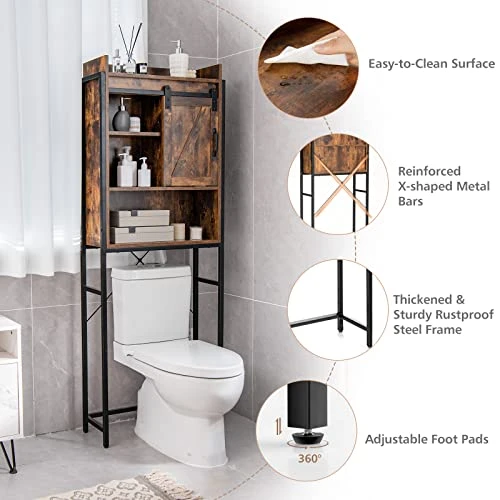 LOKO Over The Toilet Storage Cabinet, Freestanding Bathroom Space Saver With Adjustable Shelves & Sliding Barn Door, 4-Tier Over Toilet Bathroom Organizer, 25 X 9.5 X 67.5 Inches (Rustic Brown) 8 LOKO Over The Toilet Storage Cabinet, Freestanding Bathroom Space Saver With Adjustable Shelves & Sliding Barn Door, 4-Tier Over Toilet Bathroom Organizer, 25 X 9.5 X 67.5 Inches (Rustic Brown) - Image 6